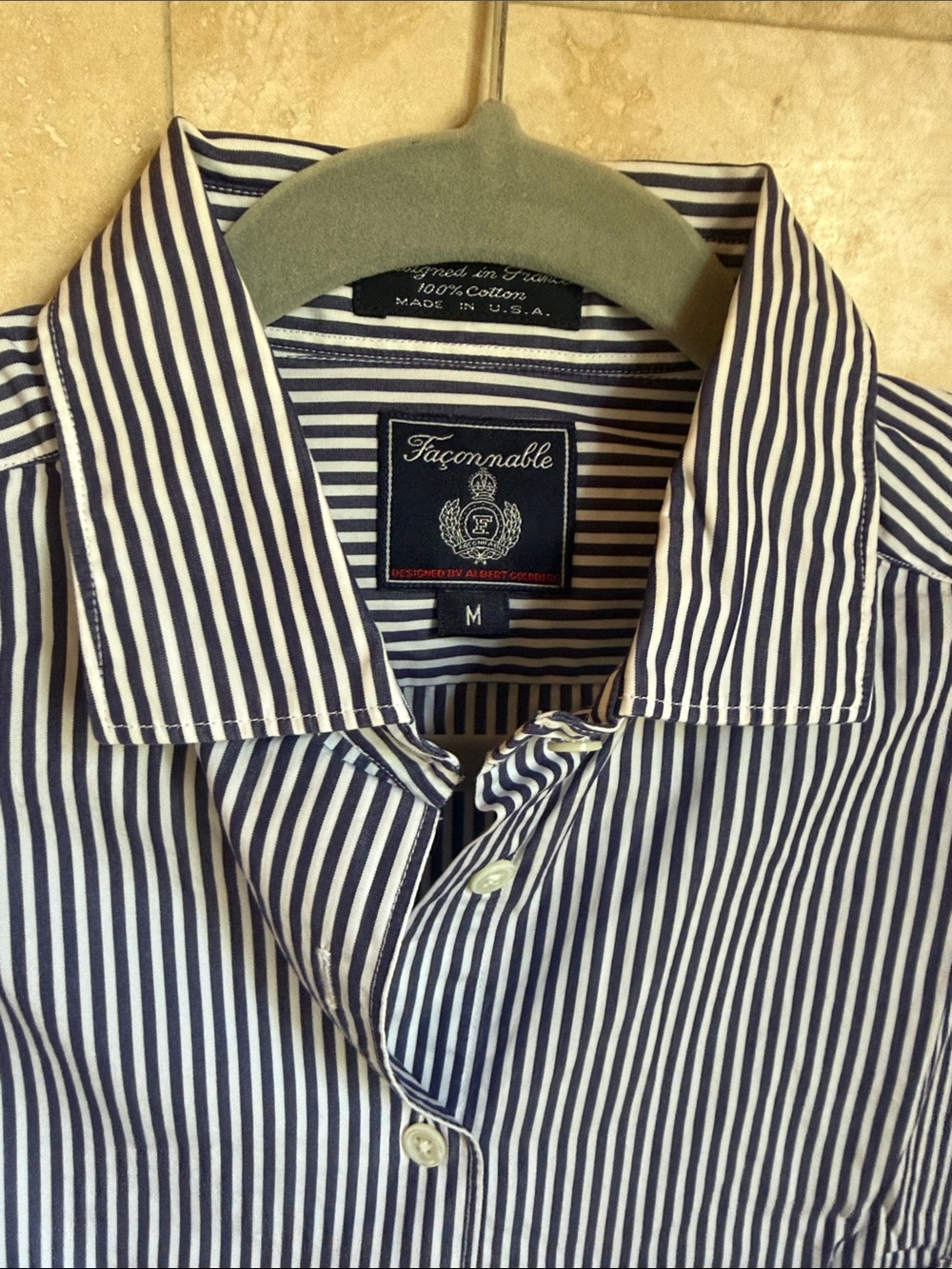 Faconnable Men's Navy and White Striped Cotton Button-Up